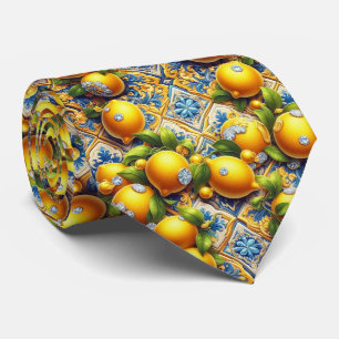 Amalfi Lemon Mediterranean Faux DIamonds Faux Silk Neck Tie
