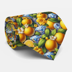 Amalfi Lemon Mediterranean Faux DIamonds Faux Silk Neck Tie