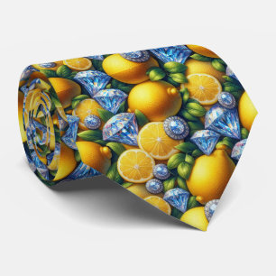 Amalfi Lemon Mediterranean Faux DIamonds Faux Silk Neck Tie