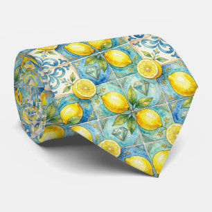 Amalfi Lemon Mediterranean Faux DIamonds Faux Silk Neck Tie