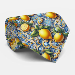 Amalfi Lemon Mediterranean Faux DIamonds Faux Silk Neck Tie