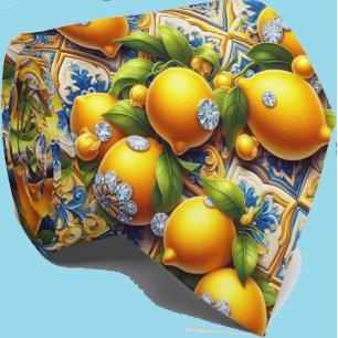 Amalfi Lemon Mediterranean Faux DIamonds Faux Silk Neck Tie