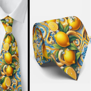 Amalfi Lemon Mediterranean Faux DIamonds Faux Silk Neck Tie