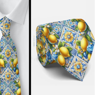 Amalfi Lemon Mediterranean Faux DIamonds Faux Silk Neck Tie