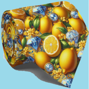 Amalfi Lemon Mediterranean Faux DIamonds Faux Silk Neck Tie