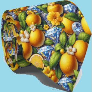Amalfi Lemon Mediterranean Faux DIamonds Faux Silk Neck Tie