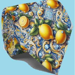 Amalfi Lemon Mediterranean Faux DIamonds Faux Silk Neck Tie