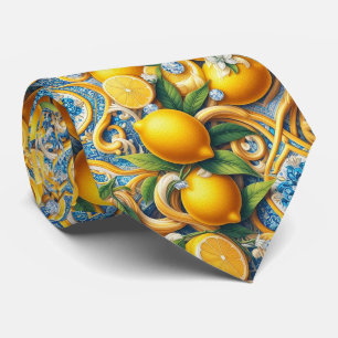 Amalfi Lemon Mediterranean Faux DIamonds Faux Silk Neck Tie