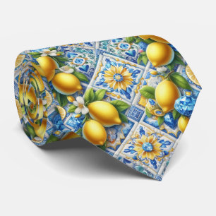 Amalfi Lemon Mediterranean Faux DIamonds Faux Silk Neck Tie