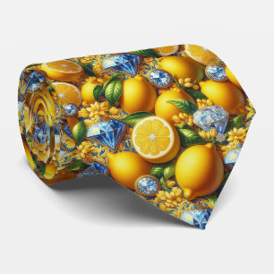 Amalfi Lemon Mediterranean Faux DIamonds Faux Silk Neck Tie