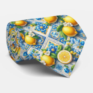 Amalfi Lemon Mediterranean Watercolor Faux Silk Neck Tie