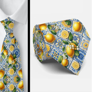Amalfi Lemon Mediterranean Watercolor Faux Silk Neck Tie