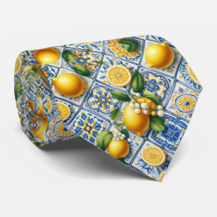 Amalfi Lemon Mediterranean Watercolor Faux Silk Neck Tie