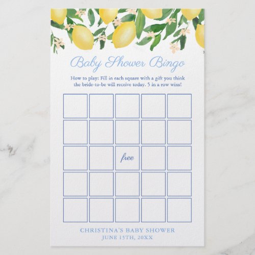 Amalfi Lemon Pale Blue Baby Shower Bingo Game Card Flyer - Bridal Shower / Baby Shower Bingo game, here printed onto economical flyer paper. Perfect if you are organizing a large shower and want to get as much as you can for your budget. I'd recommend the "value" matte / uncoated paper as it is easier to write on.