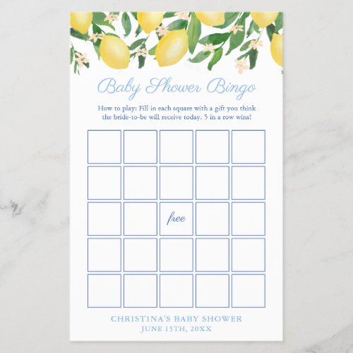 Amalfi Lemon Pale Blue Baby Shower Bingo Game Card Flyer