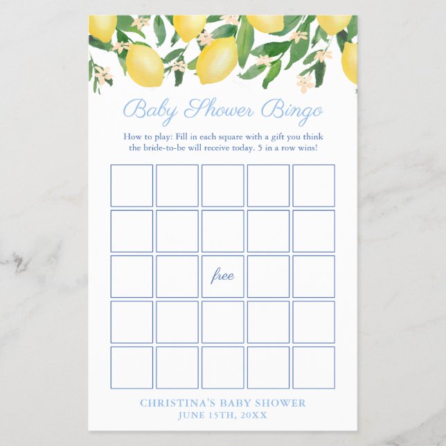 Amalfi Lemon Pale Blue Baby Shower Bingo Game Card Flyer (Front)