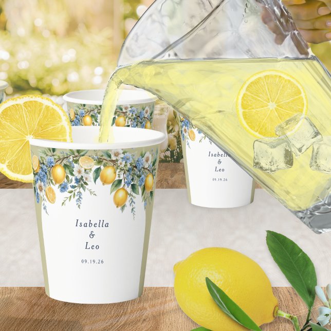 Amalfi Lemon Wedding Arch Personalized Paper Cups (Paper cups for a wedding reception party, with Mediterranean lemons design and custom names and date)