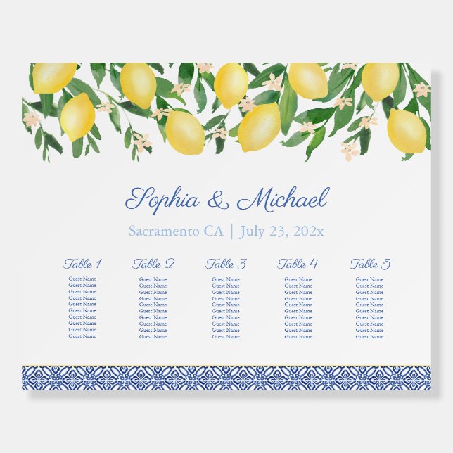 Amalfi Lemons 5 Tables Wedding Seating Chart Foam Board (Front)
