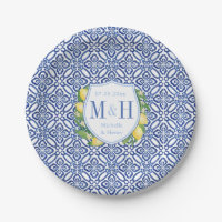 Amalfi Lemons Blue And White Tile Wedding Party Paper Plates