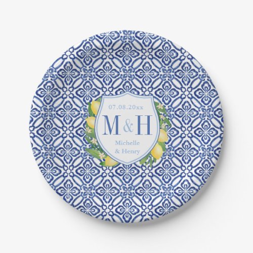 Amalfi Lemons Blue And White Tile Wedding Party Paper Plates
