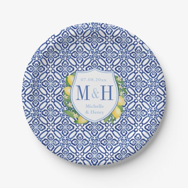 Amalfi Lemons Blue And White Tile Wedding Party Paper Plates (Front)