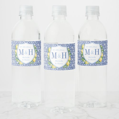 Amalfi Lemons Blue And White Tiles Wedding Crest Water Bottle Label