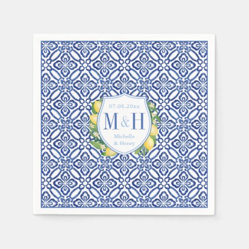Amalfi Lemons Blue Tile Monogram Wedding Napkins