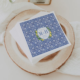 Amalfi Lemons Blue Tile Monogram Wedding Napkins