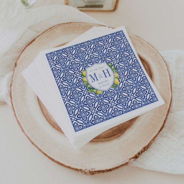 Amalfi Lemons Blue Tile Monogram Wedding Napkins (Lemons monogram couples crest with Italian blue tile print)