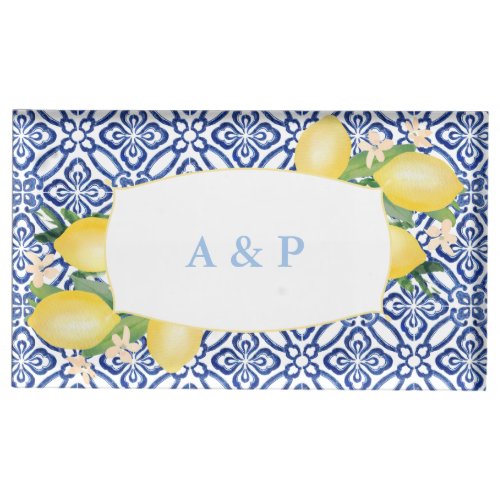 Amalfi Lemons Blue Tile Wedding Table Card Holder