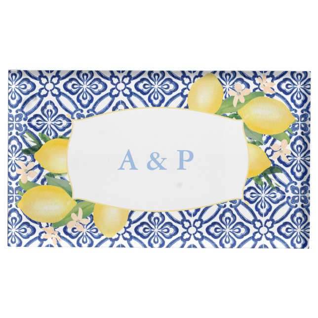 Amalfi Lemons Blue Tile Wedding Table Card Holder (Front)