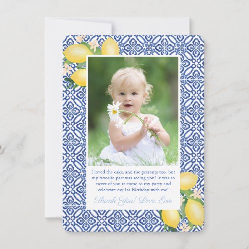 Amalfi Lemons Blue Tiles Birthday Party Picture Thank You Card