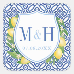 Amalfi Lemons Blue Tiles Wedding Logo Monogram Square Sticker