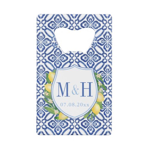 Amalfi Lemons Blue Tiles Wedding Monogram Favor Credit Card Bottle Opener