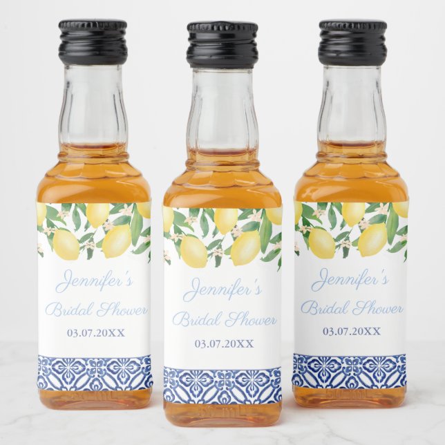 Amalfi Lemons Blue Tiles Wedding Shower Favor Liquor Bottle Label (Bottles)