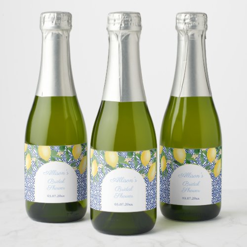 Amalfi Lemons Blue Tiles Wedding Shower Favor Sparkling Wine Label
