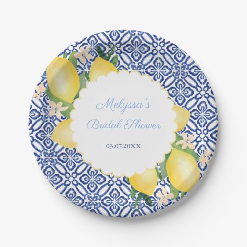 Amalfi Lemons Blue White Italy Tiles Bridal Shower Paper Plates - Handpainted watercolor lemons against a background pattern based on a vintage blue and white tile. If you prefer the center circle with a plain edge (rather than scalloped), this option is available. Underneath the text customization boxes, "click to customize further" then go to the "layers" area and unhide the "oval" and hide the scalloped circle layer.