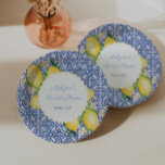 Amalfi Lemons Blue White Italy Tiles Bridal Shower Paper Plates<br><div class="desc">Handpainted watercolor lemons against a background pattern based on a vintage blue and white tile. If you prefer the center circle with a plain edge (rather than scalloped), this option is available. Underneath the text customization boxes, "click to customize further" then go to the "layers" area and unhide the "oval"...</div>