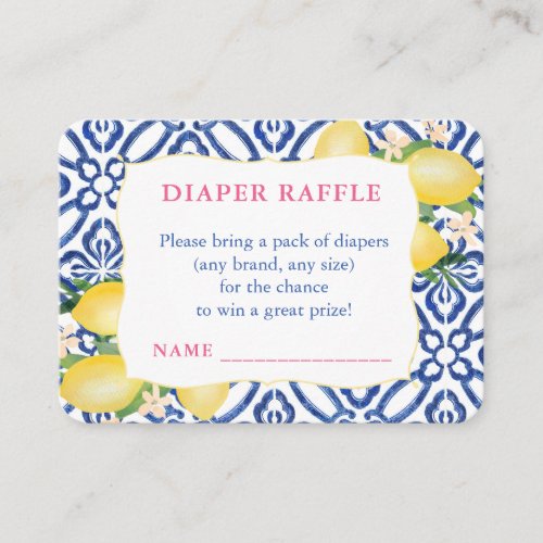 Amalfi Lemons Blue White Pattern Diaper Raffle Enclosure Card - A simple and flexible insert card design to match my Citrus Lemons (Cobalt Blue and White Azulejos) Shower Invitation range.

I've set this up for a Diaper Raffle insert card / ticket but all of the text fields are completely flexible.