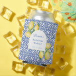Amalfi Lemons Blue White Tiles Bachelorette Party Can Cooler<br><div class="desc">This classic design features a vintage blue and white tile print background,  with the cobalt and pale blue text on top of a simple bracket shape,  and surrounded by watercolor lemons,  leaves and blossoms.</div>