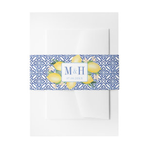 Amalfi Lemons Blue White Tiles Wedding Invitation Belly Band