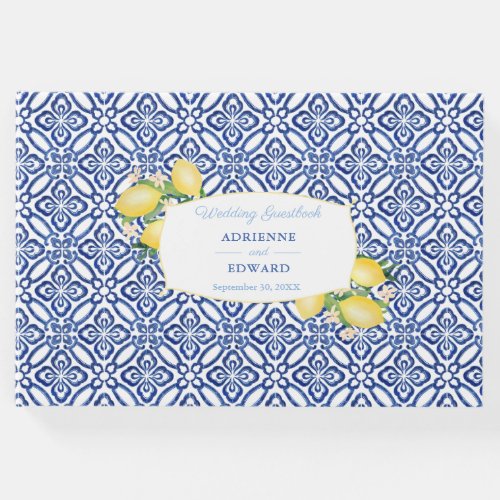 Amalfi Lemons Mediterranean Blue Tiles Wedding Guest Book - Handpainted watercolor lemons against a backdrop of vibrant cobalt blue and white tiles. I've set this up as a Wedding Guest Book but all of the text fields are fully customisable to your event.