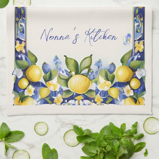 Amalfi Lemons Mediterranean Blue & Yellow Lemon Kitchen Towel (Folded)