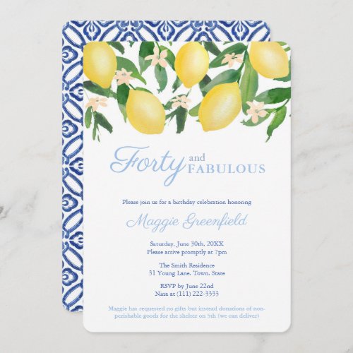 Amalfi Lemons Milestone Female 40th Birthday Party Invitation - Celebrate this milestone birthday with this Italy-inspired invitation design featuring vibrant watercolor lemons and glossy green leaves, complemented by cobalt blue and white tile reverse. Shown here for a 40th birthday but all of the text fields are customizable to your needs. 