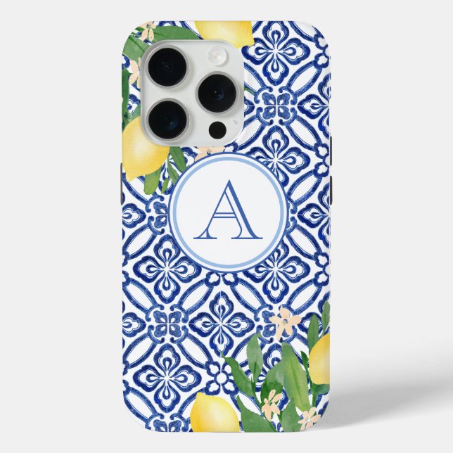 Amalfi Lemons Monogram Blue White Italian Tiles Case-Mate iPhone Case (Back)
