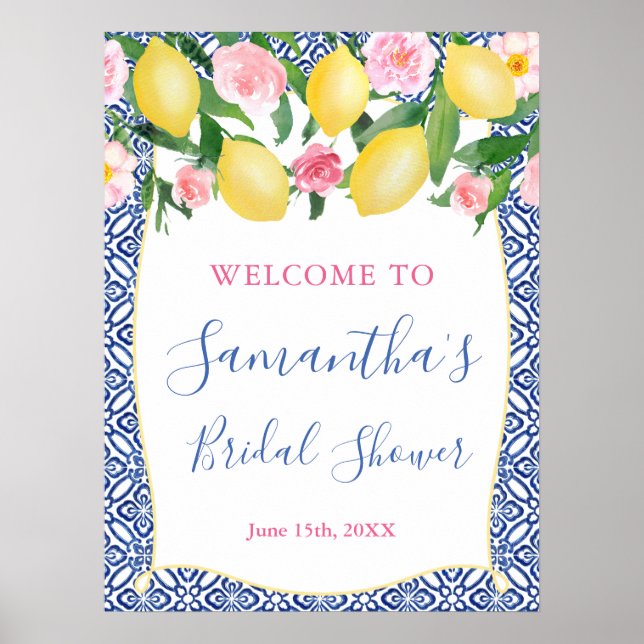 Amalfi Lemons Pink Floral Blue Tile Bridal Shower Poster (Front)