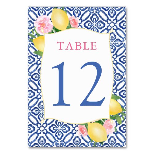 Amalfi Lemons Pink Flowers Blue Tiles Wedding Table Number