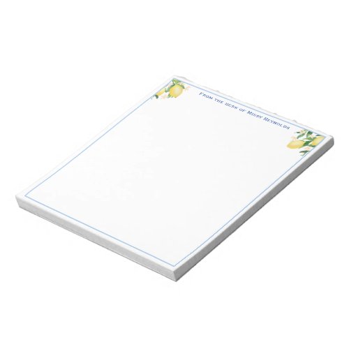 Amalfi Lemons Powder Blue Personalized Notepad - Elegant notepad that you can personalize with your own text including a name. The design features a simple pastel blue border with watercolor lemon images. You can change the color of the border by changing the color of the rectangle border. To make these advanced edits,  "click / tap to personalize further" underneath where you enter your text.