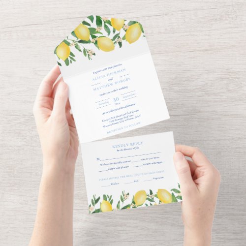 Amalfi Lemons Vintage Blue White Tiles Wedding All In One Invitation