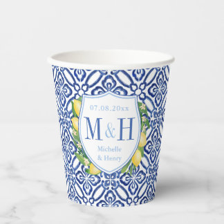 Amalfi Lemons Wedding Shower Couples Monogram Paper Cups